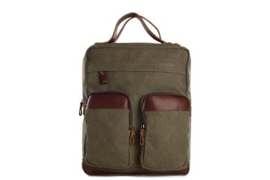Army Green or Khaki Canvas Leather Backpack, Waxed Canvas Casual Backpack, School Rucksack 12029